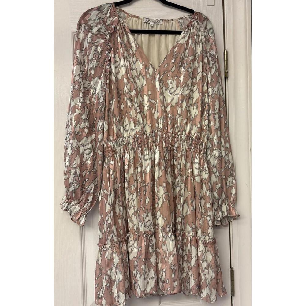 Joy Joy Women Dress Large Pink Animal Print 100% Rayon V Neck Fit Flare Ruffle